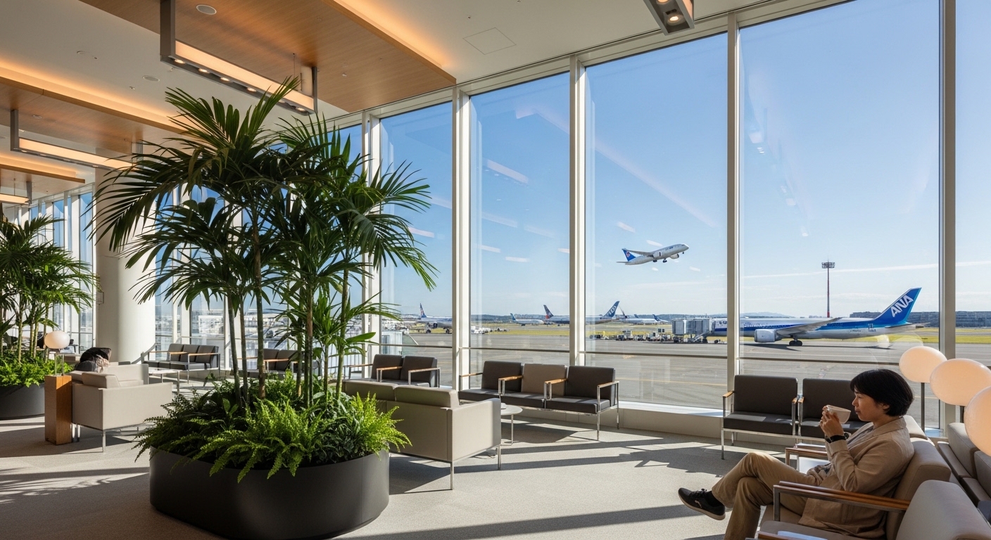 那覇空港で3時間つぶす方法として最適な、飛行機の見える開放的なターミナルの風景