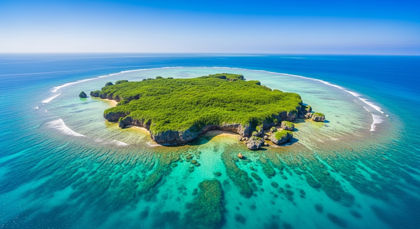 エメラルドグリーンの海に囲まれた大神島の風景と観光モデルコースのイメージ