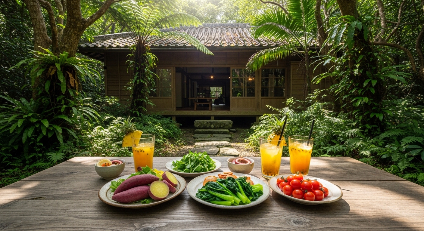 沖縄の隠れ家ランチにふさわしい、緑豊かな森の中に佇む古民家カフェの風景
