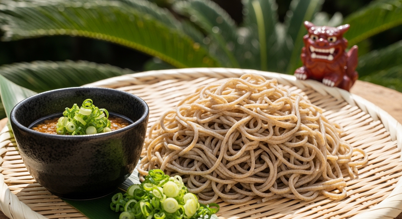 沖縄の日本蕎麦ランキングにふさわしい、伝統的なざるに盛られた本格的な日本蕎麦と薬味の風景