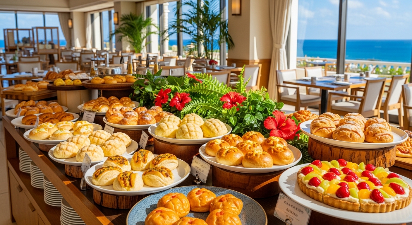 沖縄のパン食べ放題を楽しめる、南国らしい明るい店内に並ぶ多種多様な焼き立てパン