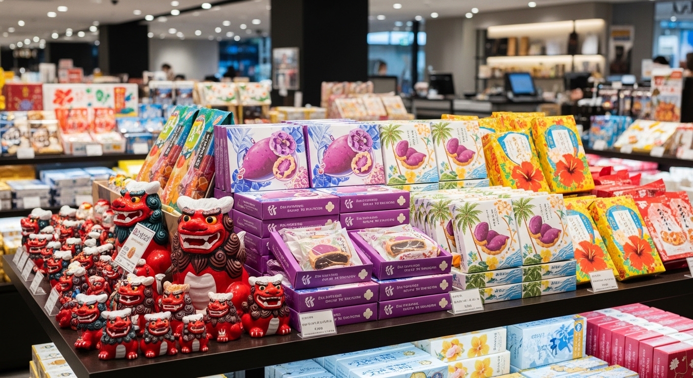 那覇空港のお土産売場に並ぶ色鮮やかな紅いもタルトやシーサーなどの特産品