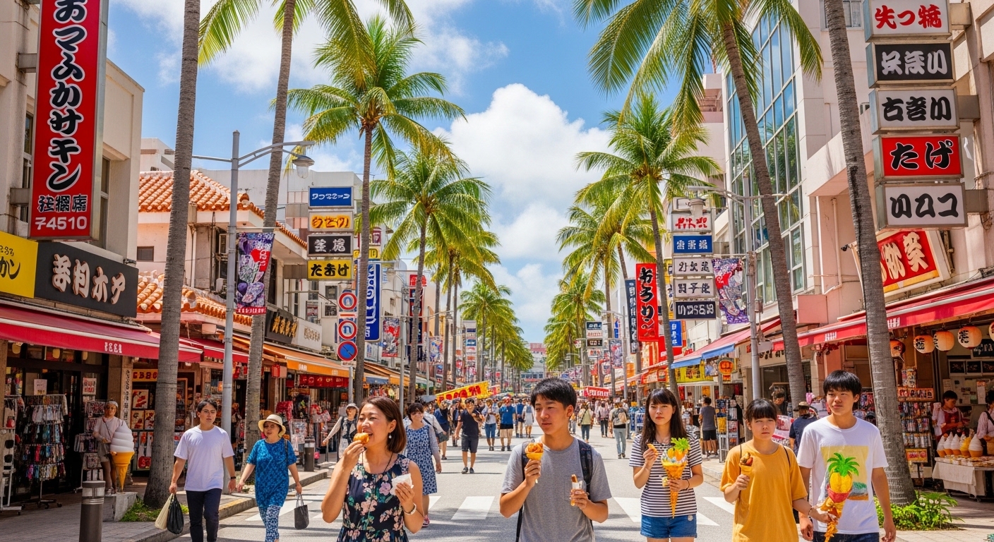 国際通りの食べ歩きを象徴するヤシの木と色鮮やかな看板、そして人気の沖縄グルメを楽しむ風景