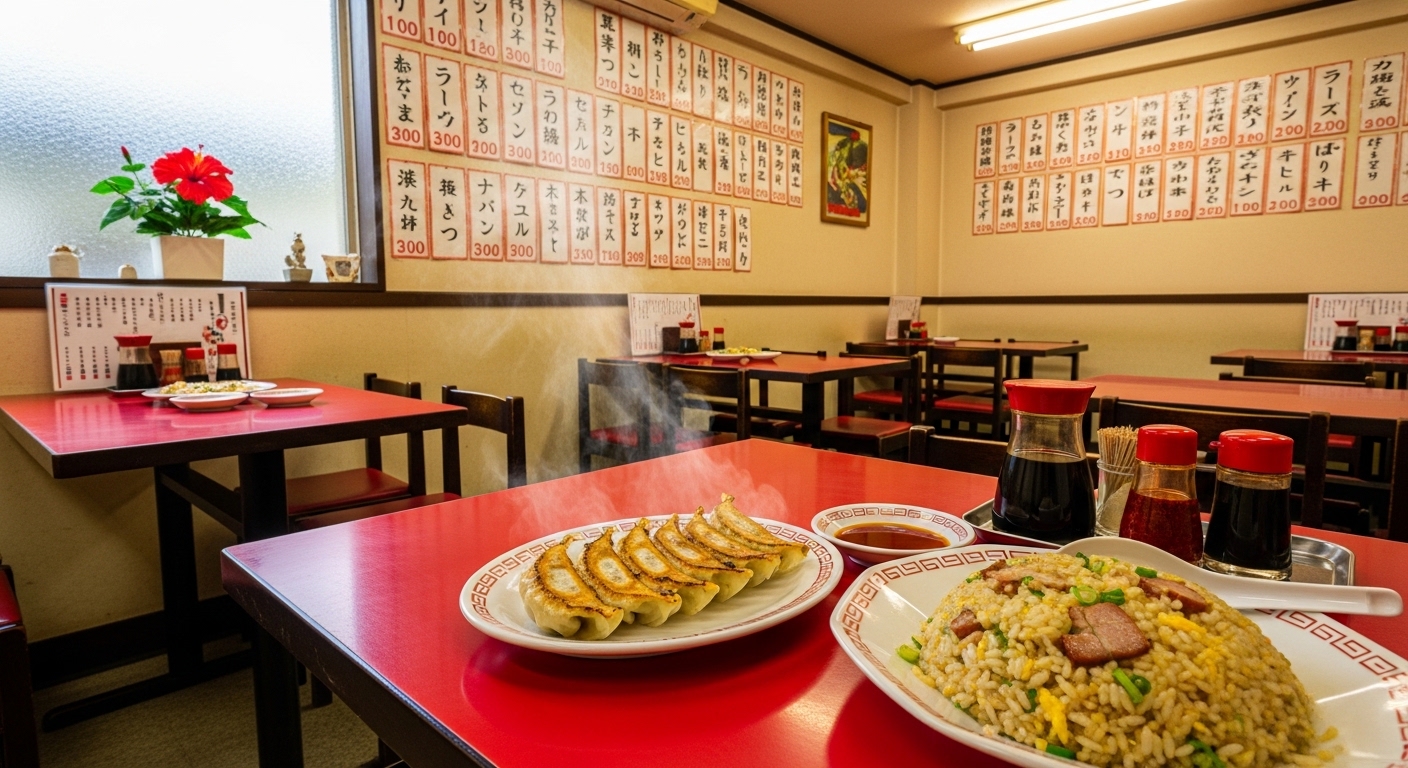 沖縄の町中華を彷彿とさせる、アツアツのチャーハンと餃子が並ぶどこか懐かしい店内の風景