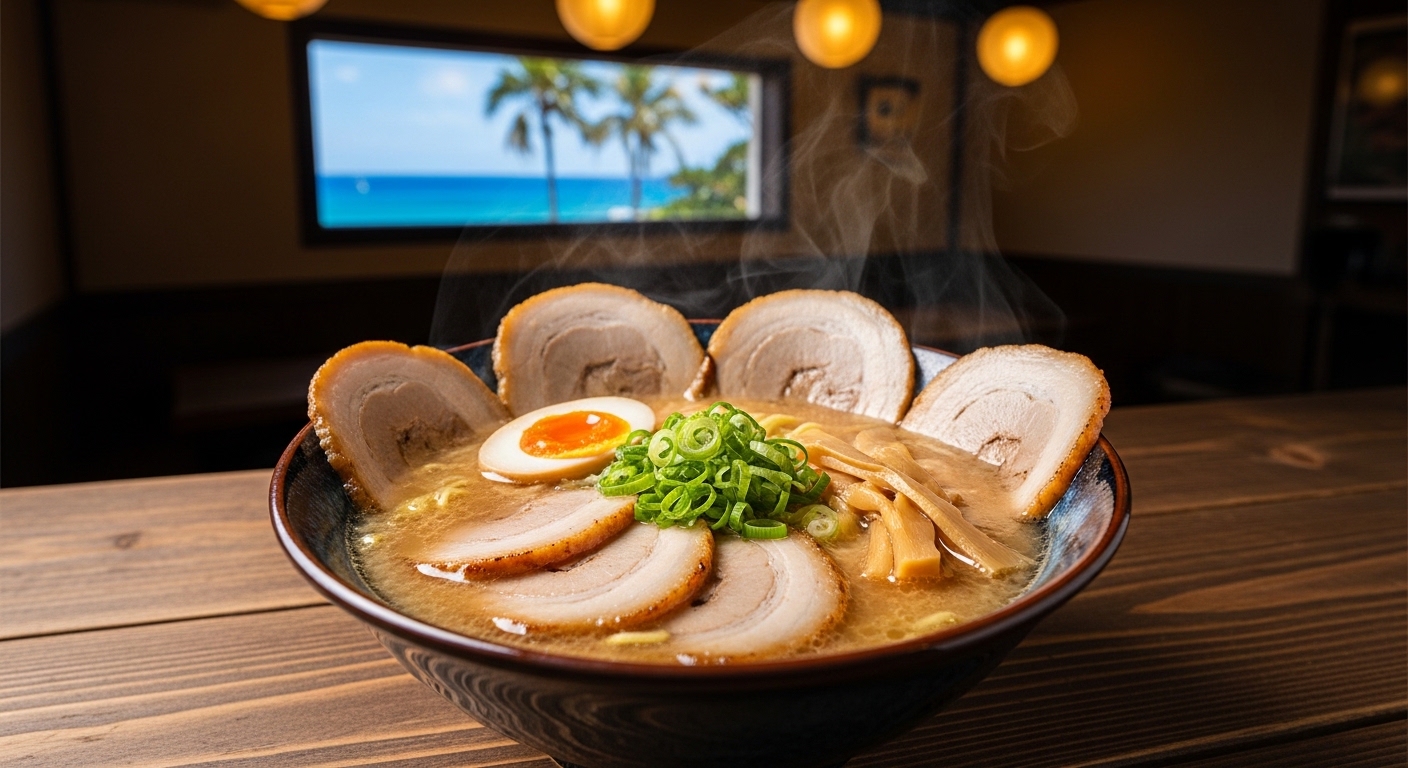 沖縄南部のラーメンをイメージした、青い海が見える店内で提供されるアツアツの醤油ラーメン