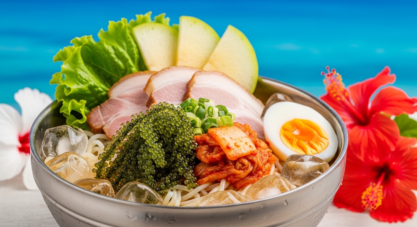 沖縄の冷麺として最適な、シークヮーサーや海ぶどうをトッピングした爽やかな冷麺のイメージ