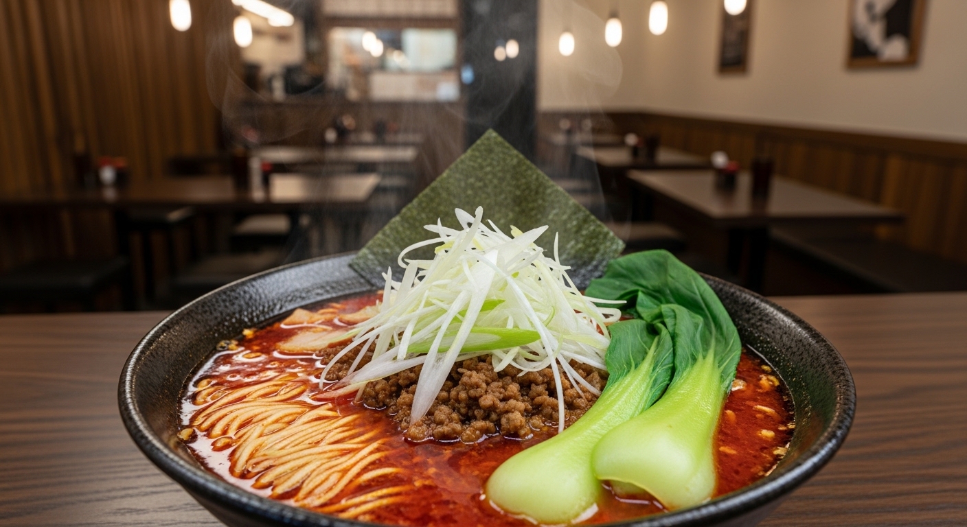 沖縄の担々麺として人気が高い、濃厚な赤色スープと具材が食欲をそそる本格担々麺