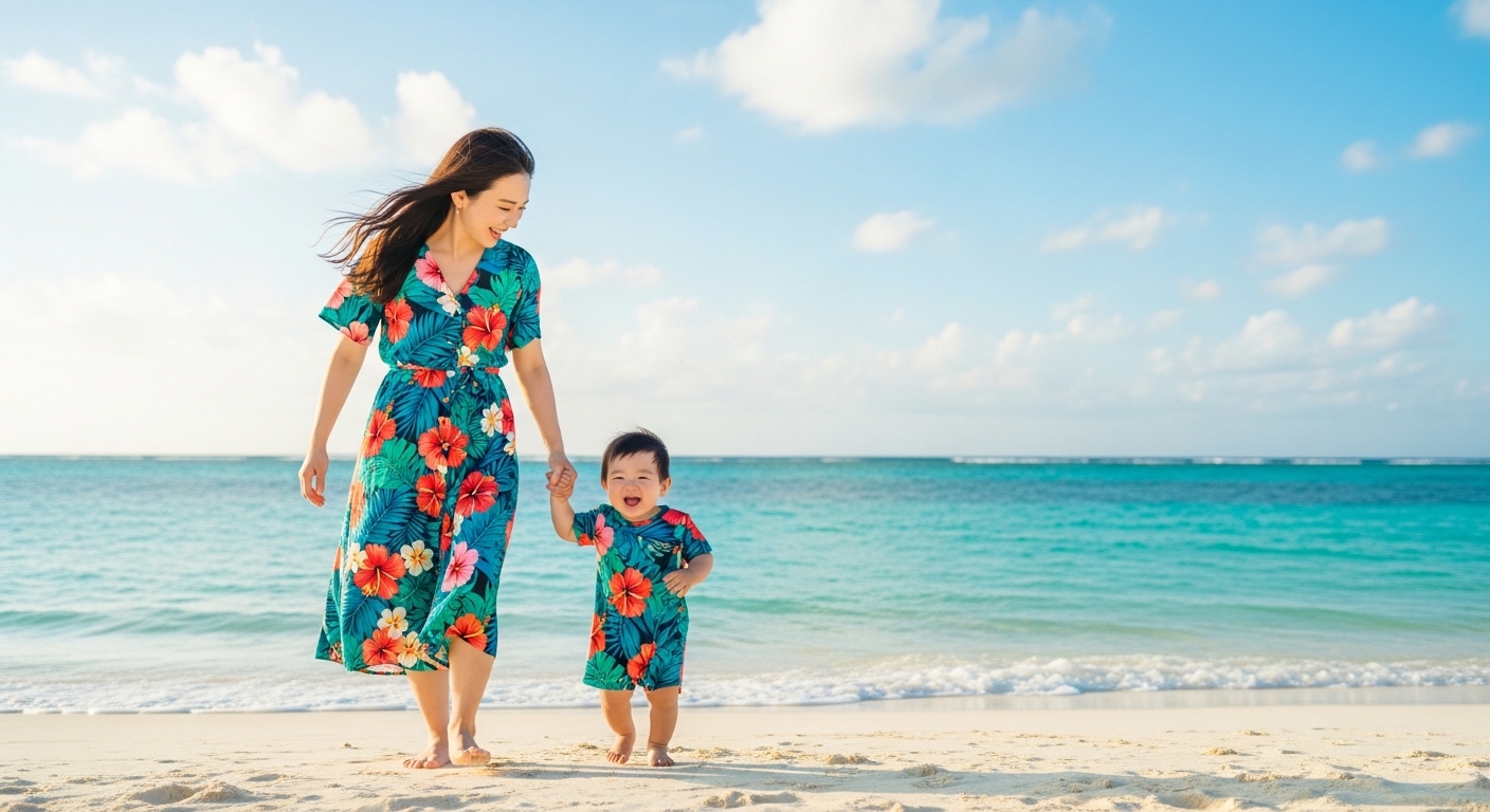 1歳児と行く沖縄旅行モデルコースのイメージ、エメラルドビーチを歩く母親と幼児の風景