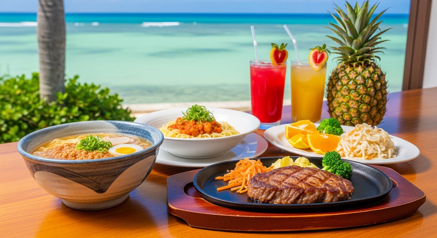 沖縄ランチランキングで人気の沖縄そばやステーキが並ぶ、海が見える絶景テラス席の風景