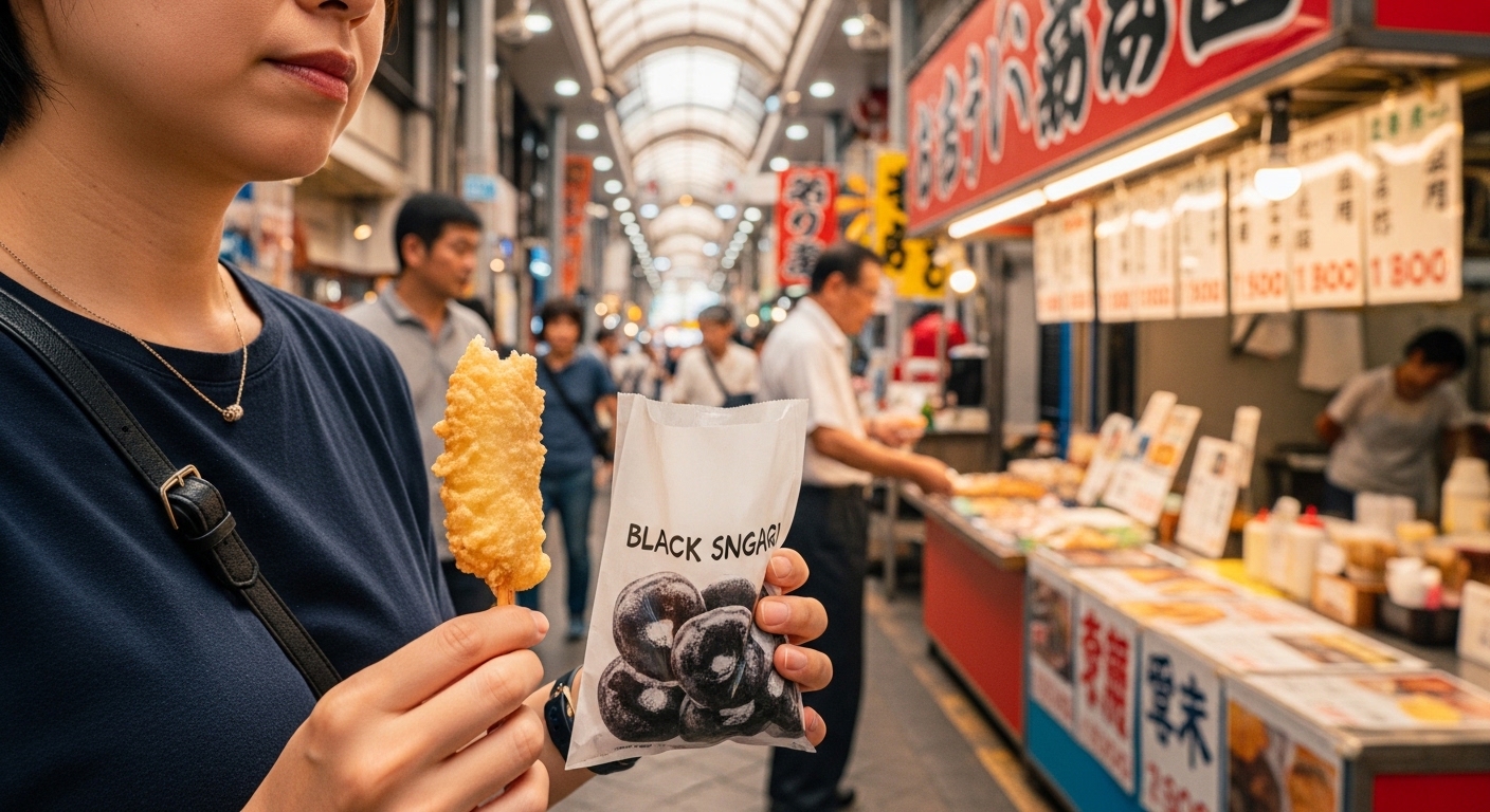 国際通り以外の沖縄食べ歩きで、市場の屋台でアツアツの天ぷらやサーターアンダギーを持つ女性の賑やかな風景