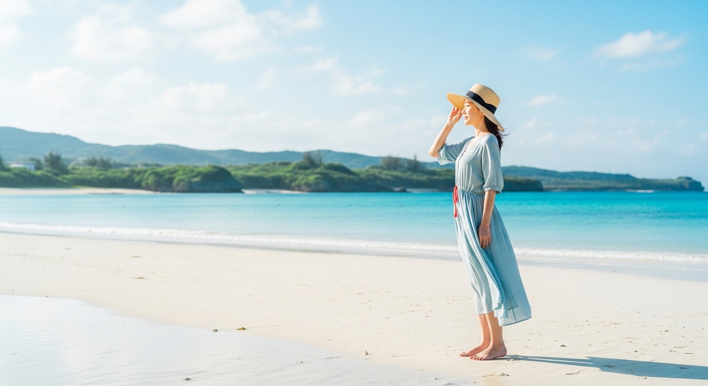 沖縄の女性一人旅で、エメラルドグリーンの海を眺めながらリフレッシュする日本人女性