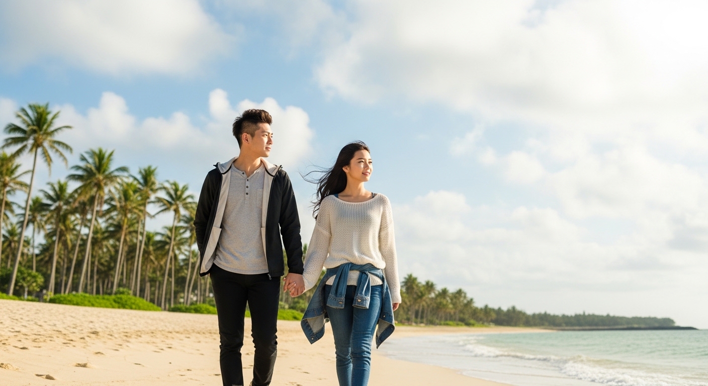 沖縄の冬の服装として最適なライトアウターとニットを着用して冬のビーチを歩く日本人カップル