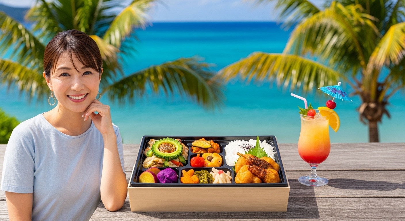 名護市のテイクアウトで人気の、美しい海を背景にしたボリューム満点の沖縄料理弁当