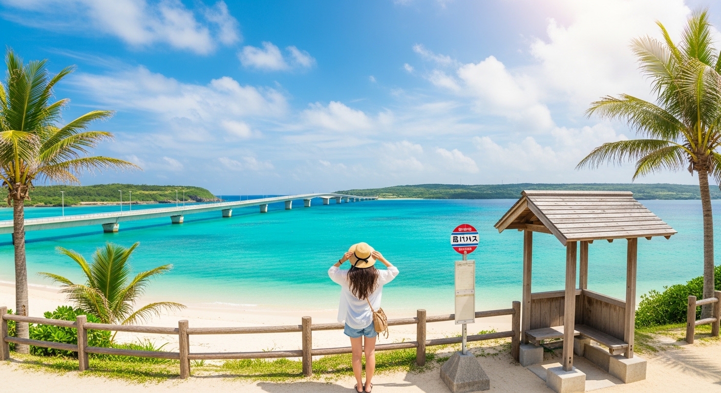 2泊3日・車なし宮古島旅行モデルコースをイメージした、宮古ブルーの海とバス停の風景