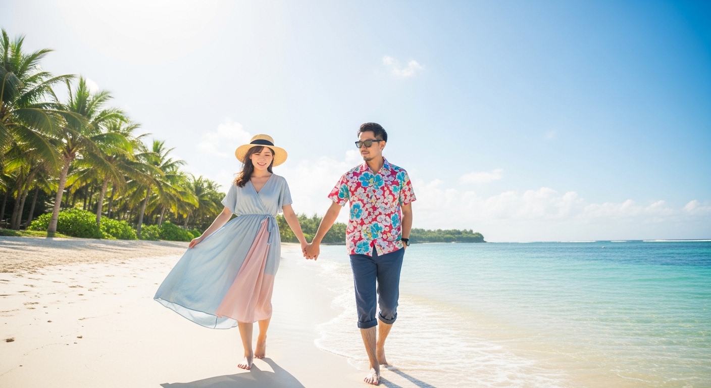 沖縄の夏の服装として最適な、かりゆしウェアとリゾートワンピースを着用してビーチを歩く日本人カップル