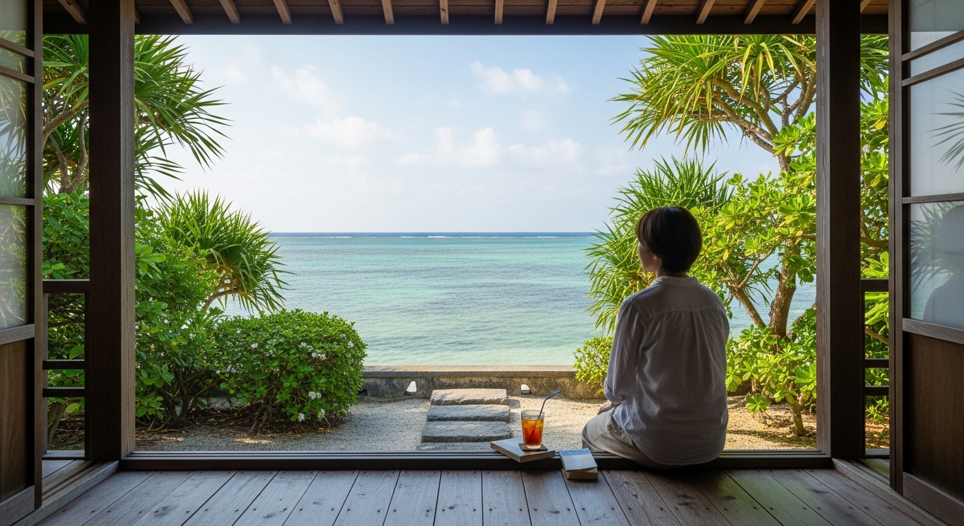 沖縄の何もしない一人旅を象徴する、静かな海を眺めながらテラスで寛ぐ人の風景