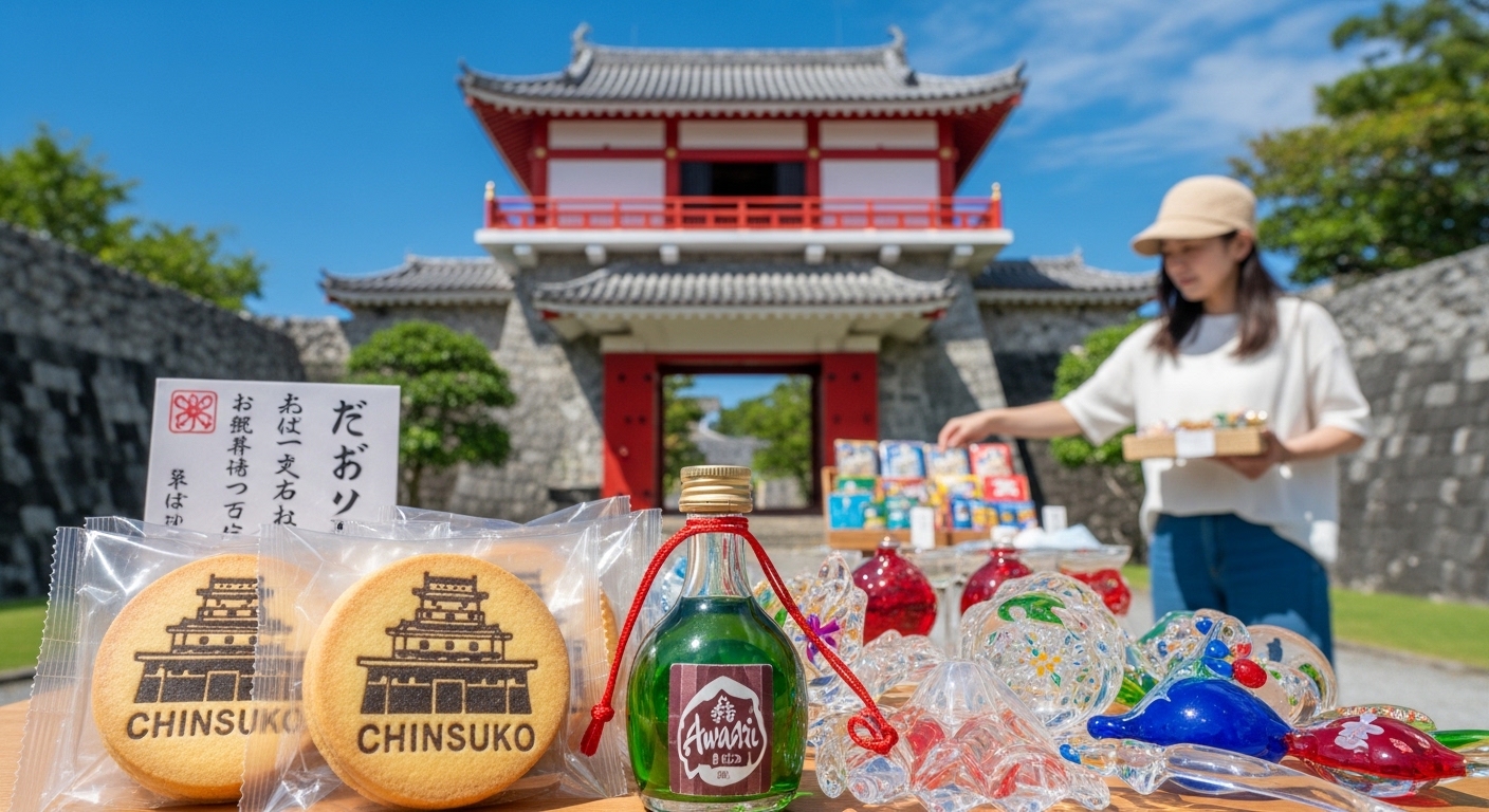 首里城公園のお土産ランキングで人気のちんすこうや琉球ガラス、泡盛と背景に見える守礼門