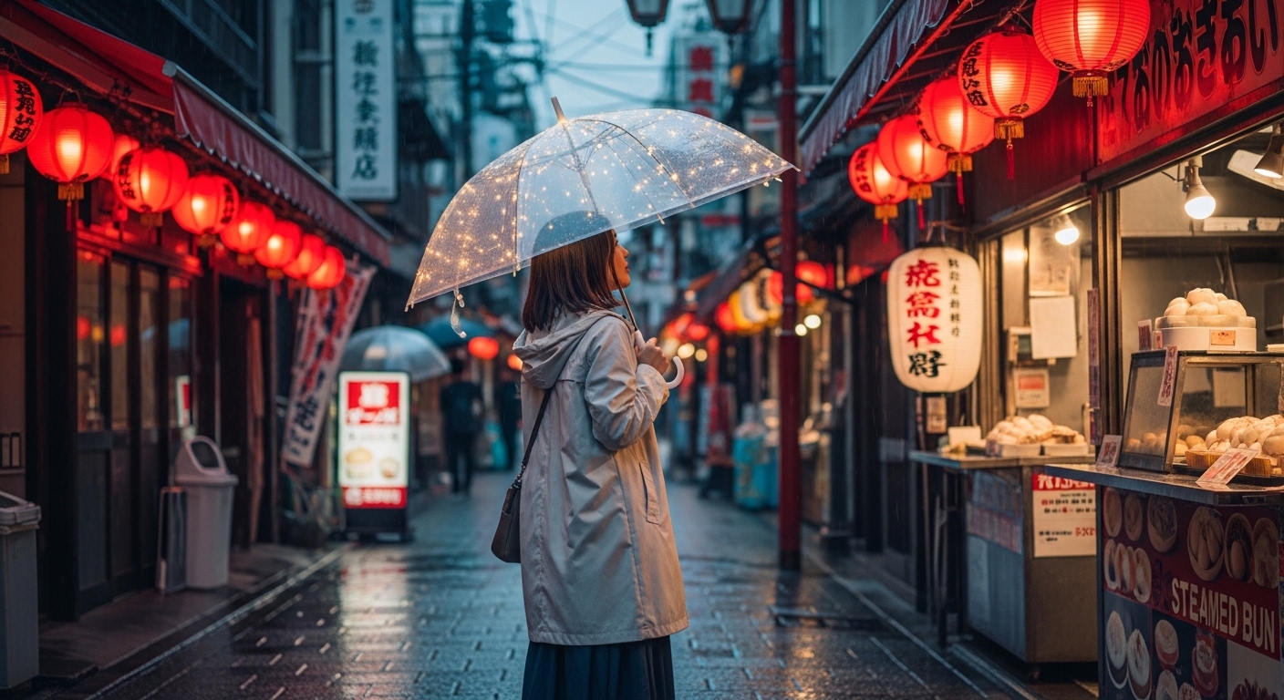 雨の沖縄旅行で、カラフルなレインコートとイルミネーション付きの傘を持って楽しむ日本人女性
