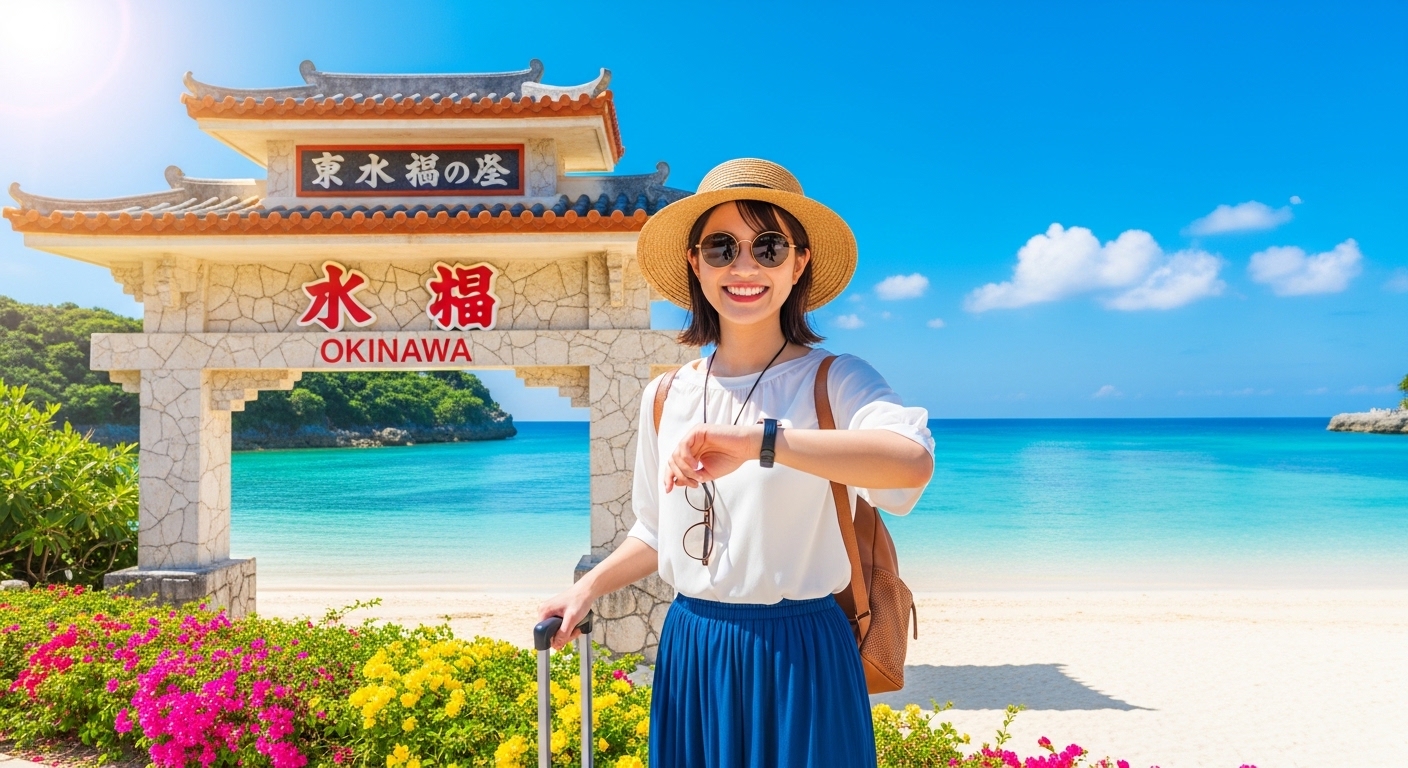 1泊2日の沖縄弾丸ツアーで、短い滞在時間を気にしつつもエメラルドグリーンの海に感動する日本人女性