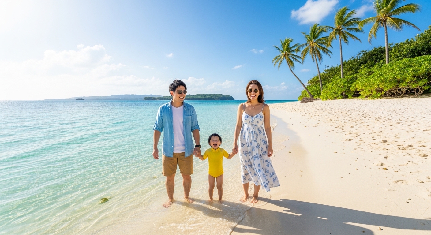子連れ観光は石垣島と宮古島どっちがいいか迷う家族に向けた、沖縄の美しいビーチで遊ぶ日本人親子の風景