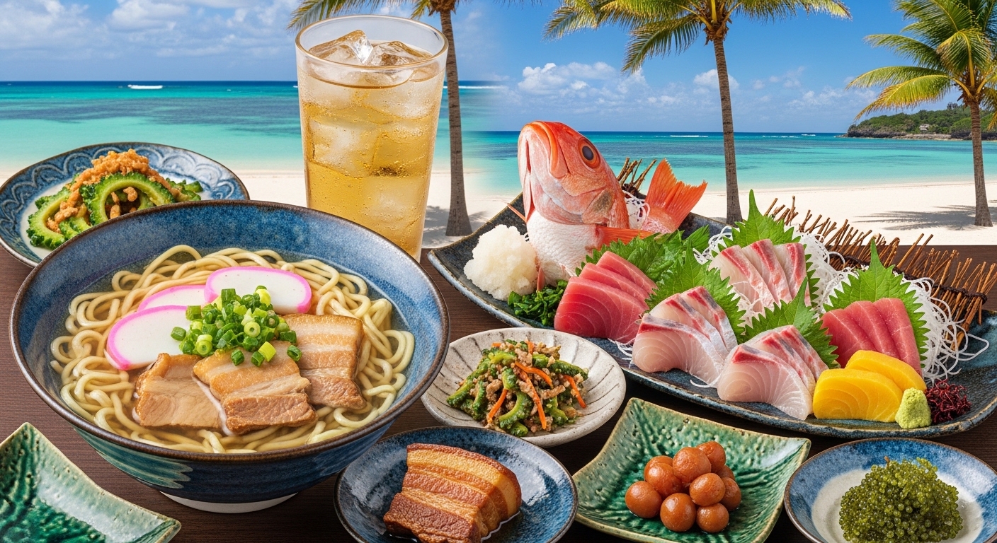 沖縄でしか食べられないものの代表格である伝統料理と美しい海をイメージしたアイキャッチ画像