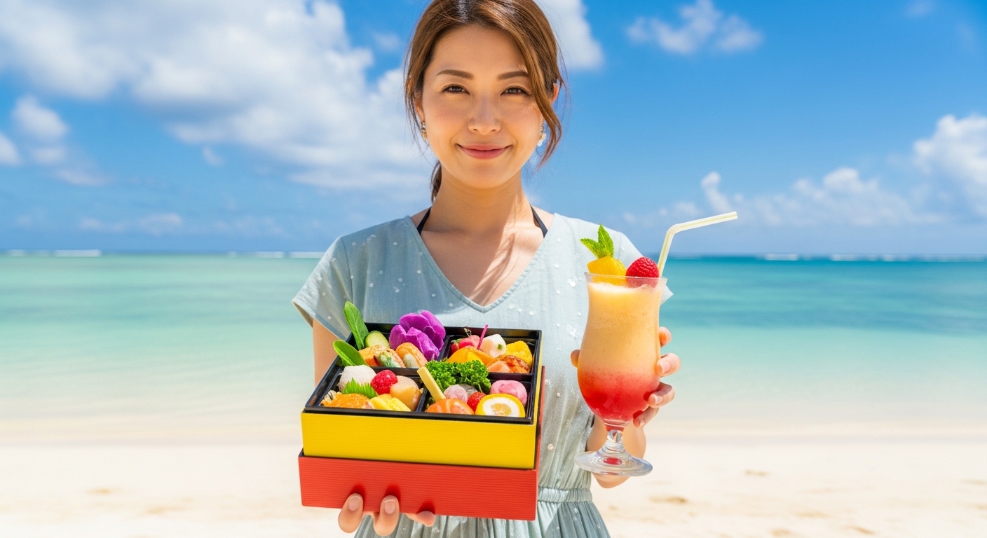 石垣島で人気のテイクアウトグルメを手に、エメラルドグリーンの海辺でランチを楽しむ日本人女性