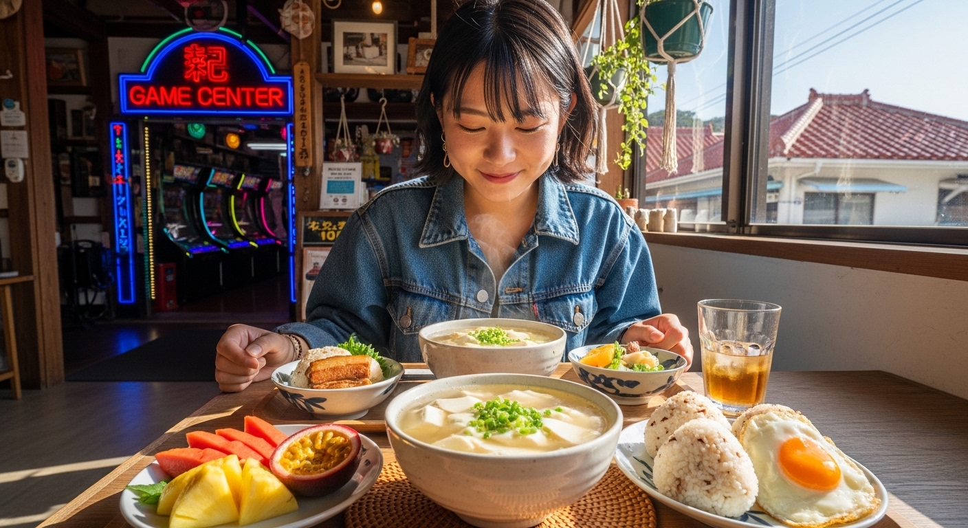 ユーグレナモールの朝ごはんで人気のゆし豆腐とポークたまごおにぎりを楽しむ日本人女性