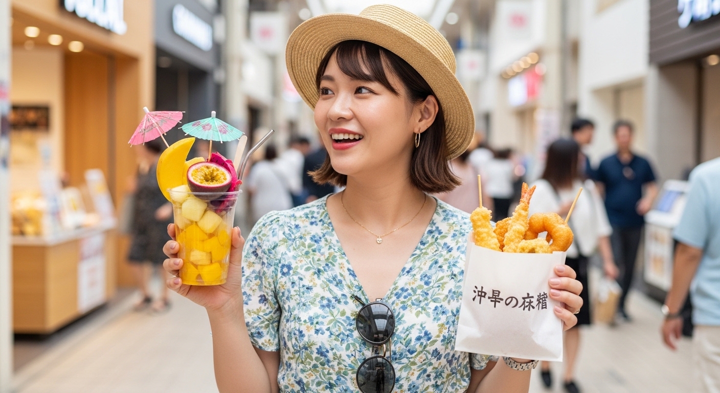 石垣島のユーグレナモールで食べ歩きを楽しみながらお土産を選ぶ日本人女性の様子