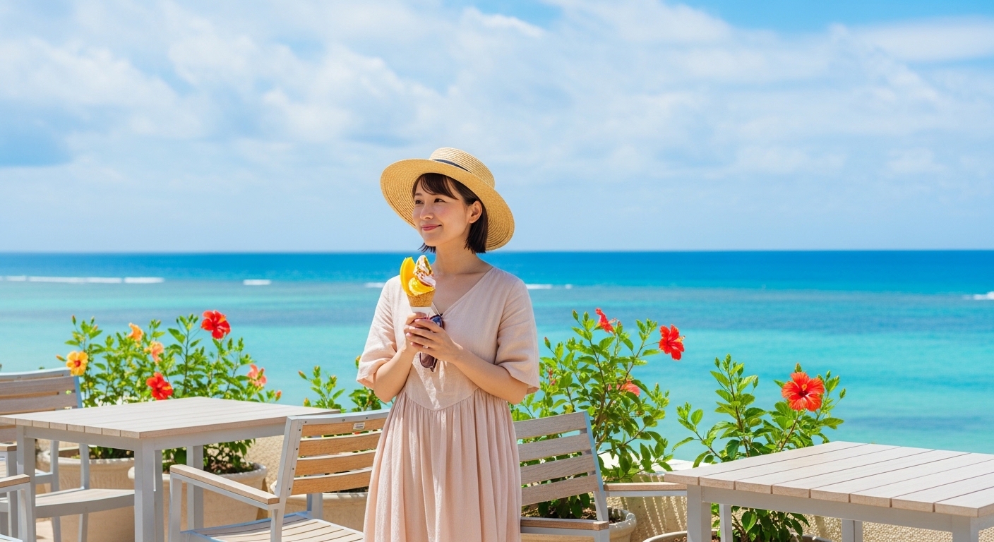 石垣島で時間が余ったらすることとして、海の見えるテラス席でジェラートを楽しむ日本人女性