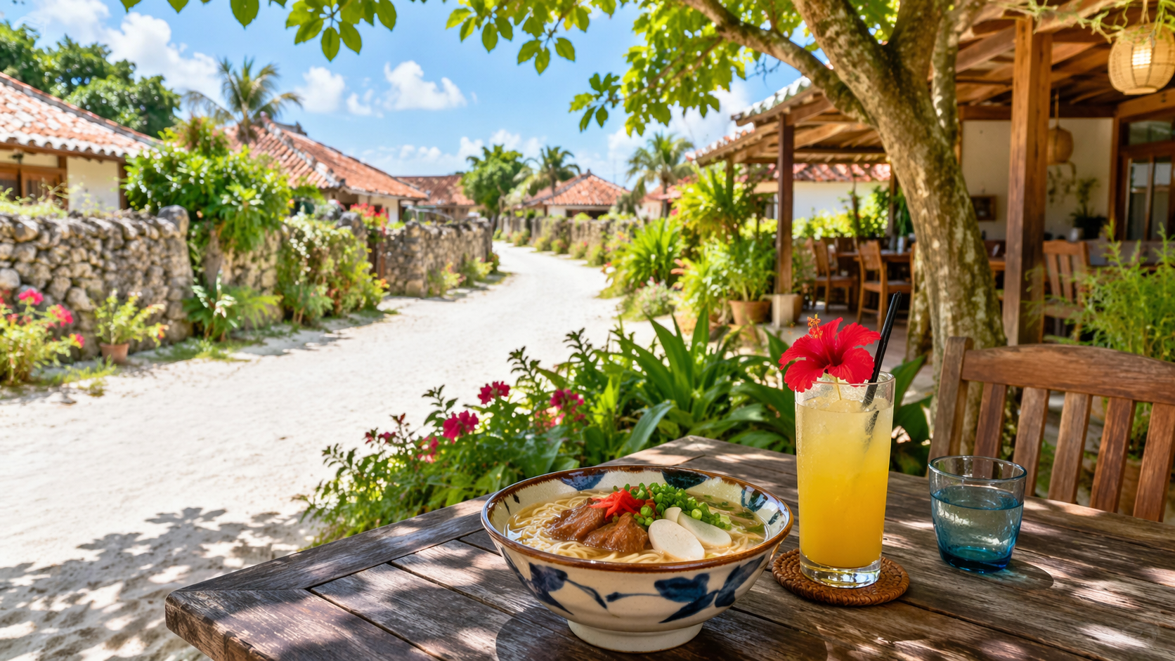竹富島で八重山そばや定食ランチを楽しむ食事風景