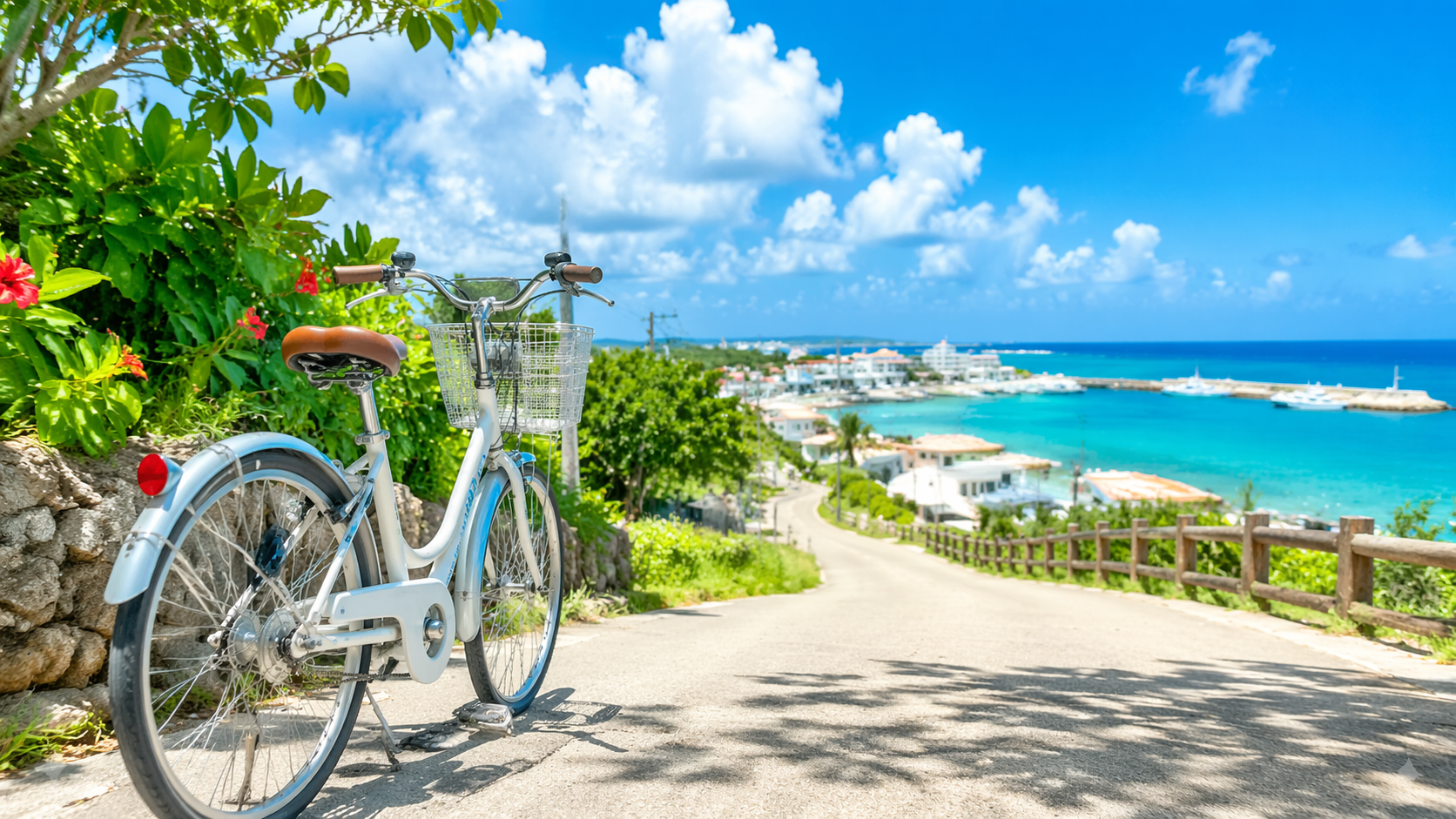 石垣島の市街地でレンタサイクル観光を楽しむイメージ