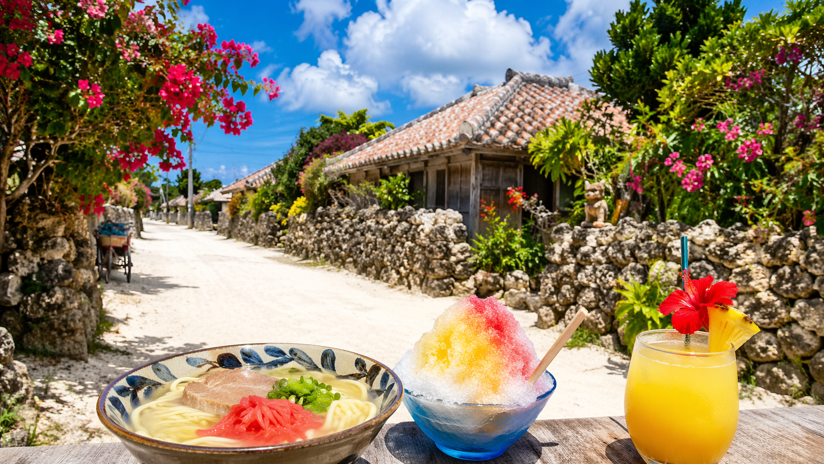 竹富島の白砂の道と赤瓦の町並み