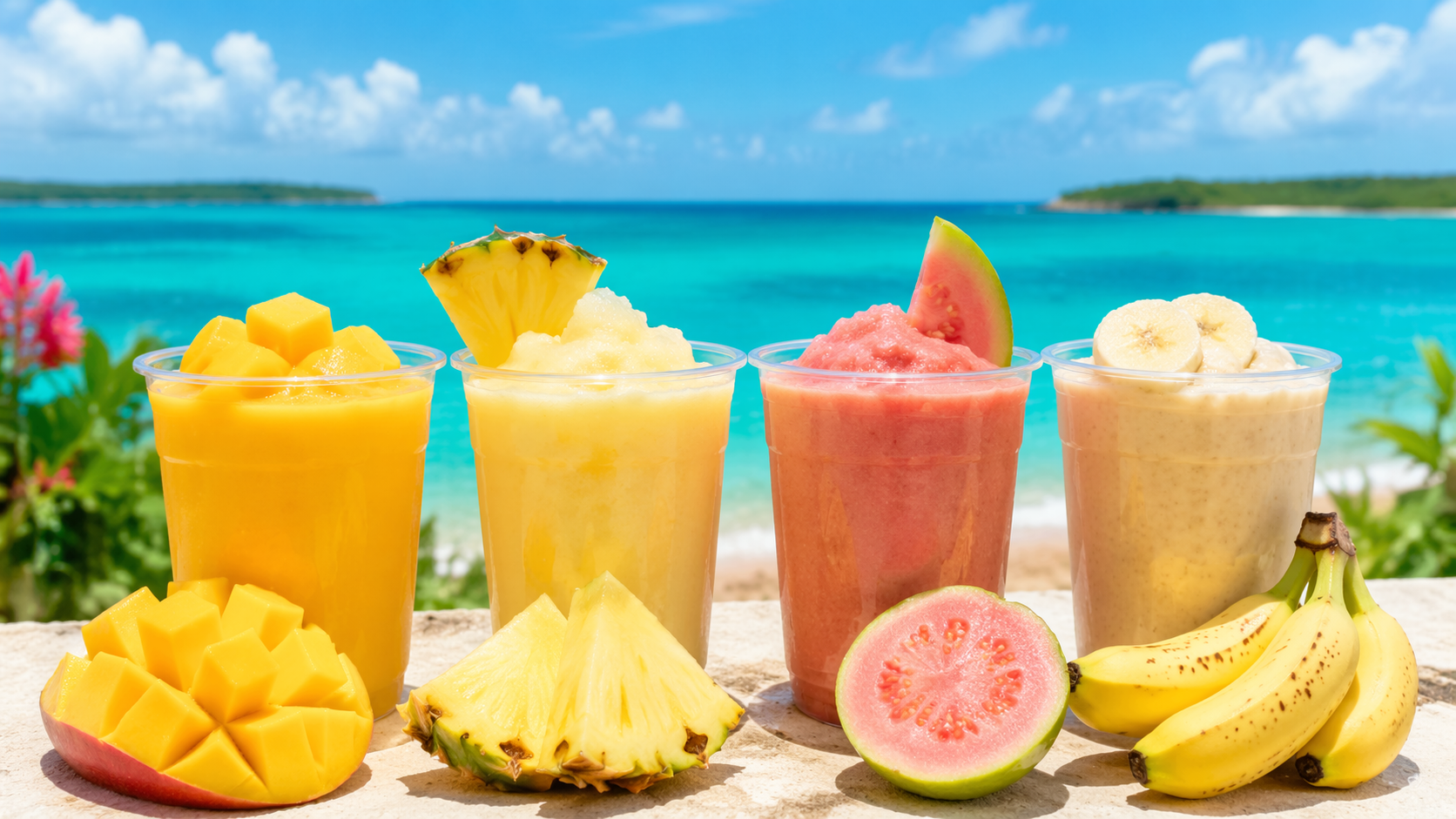 石垣島らしい海背景とスムージーのアイキャッチ