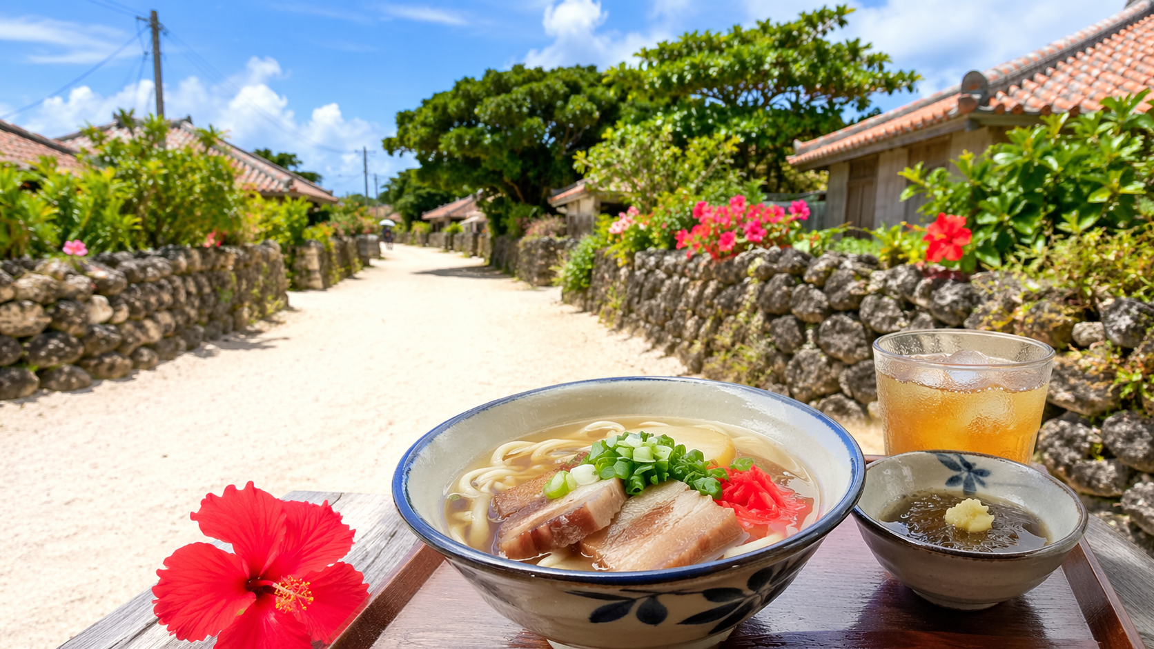 竹富島の赤瓦集落と白砂の道が広がる町並み