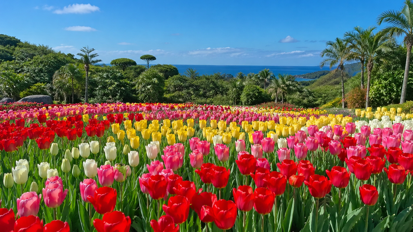 沖縄のチューリップの見頃と楽しみ方を紹介する花畑の風景