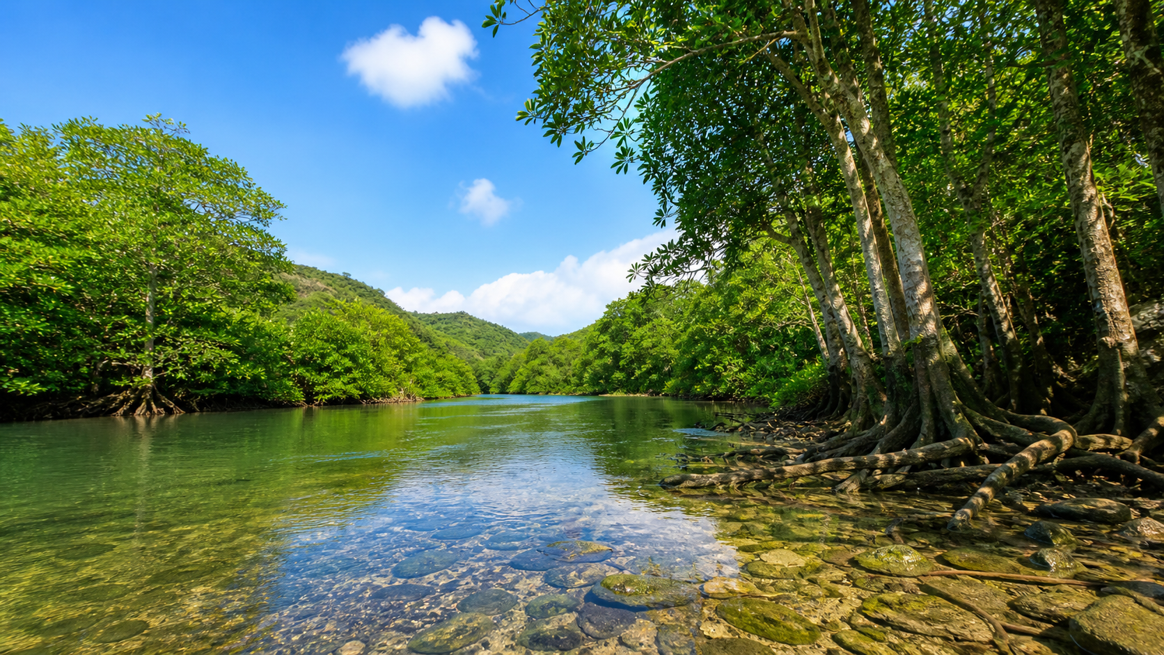 沖縄でエビが取れる川の特徴を示す清流と石のある岸辺